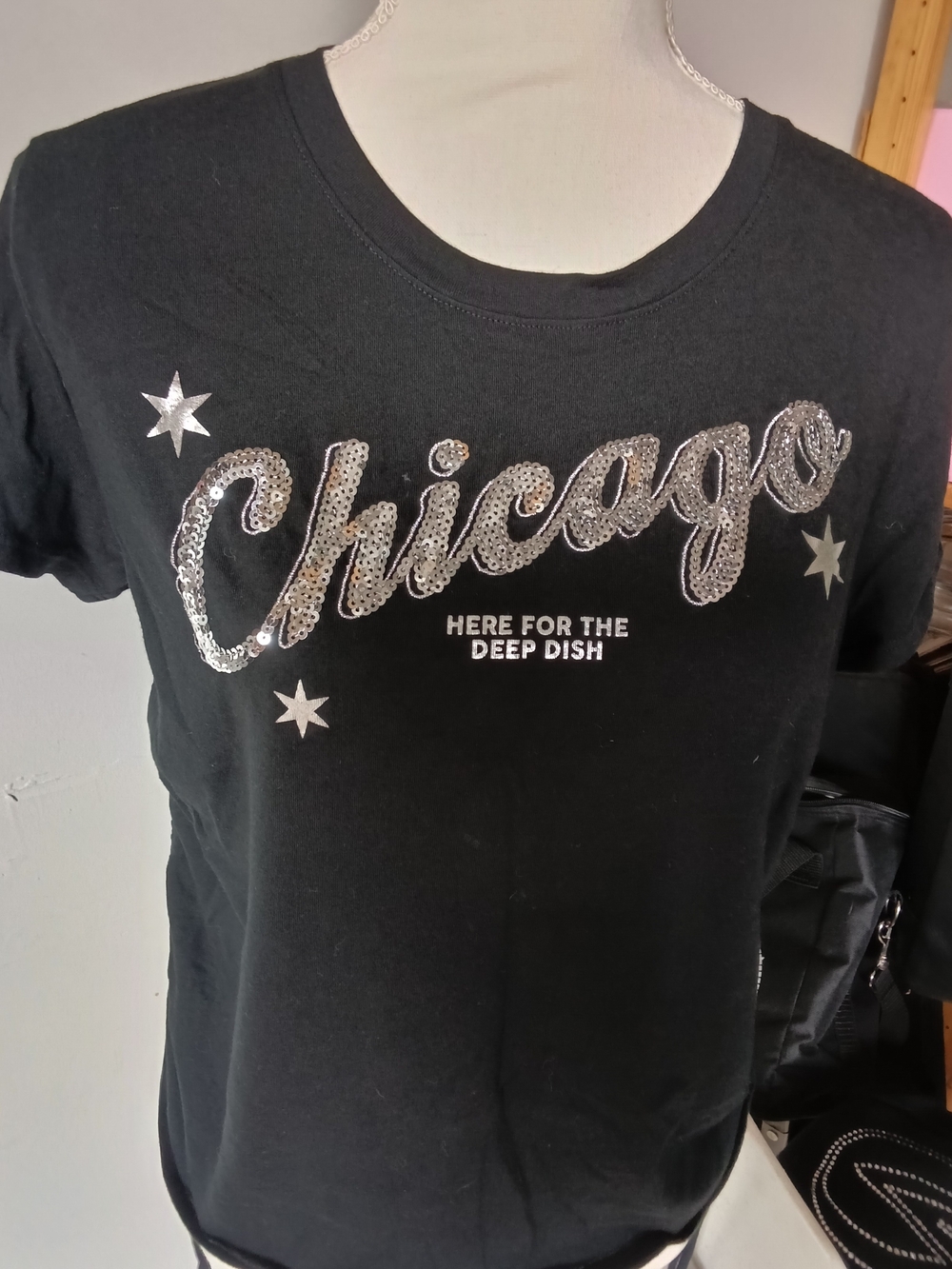 PINK Victoria's Secret Black Sequin Chicago Logo Tee